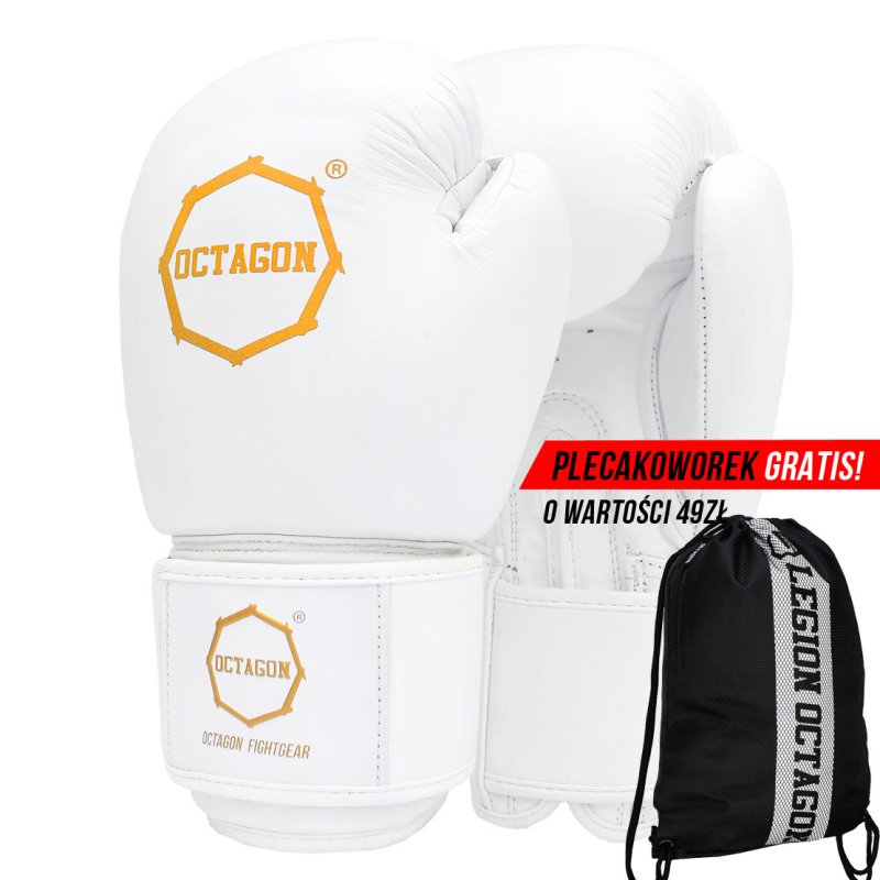 Rękawice bokserskie Octagon Royal white/gold SKÓRA plecakoworek GRATIS!