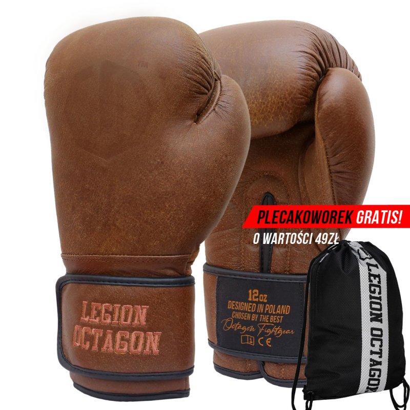 Rękawice bokserskie Legion Octagon PRO Oldschool brown plecakoworek GRATIS!